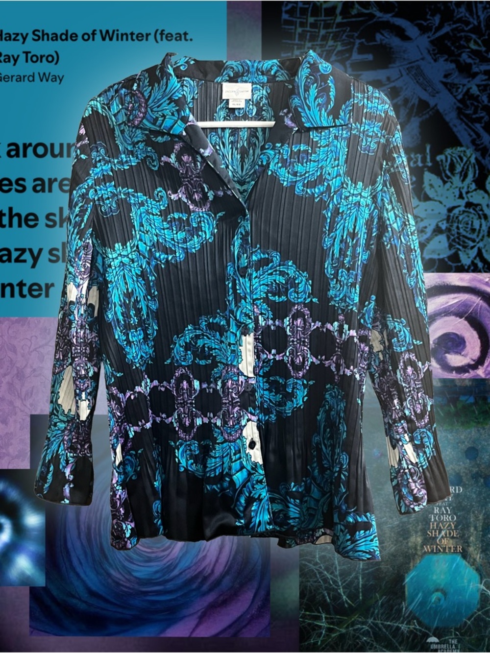 Jaclyn Smith Black Turquoise + Purple Floral Button-Down Shirt🌀🫐